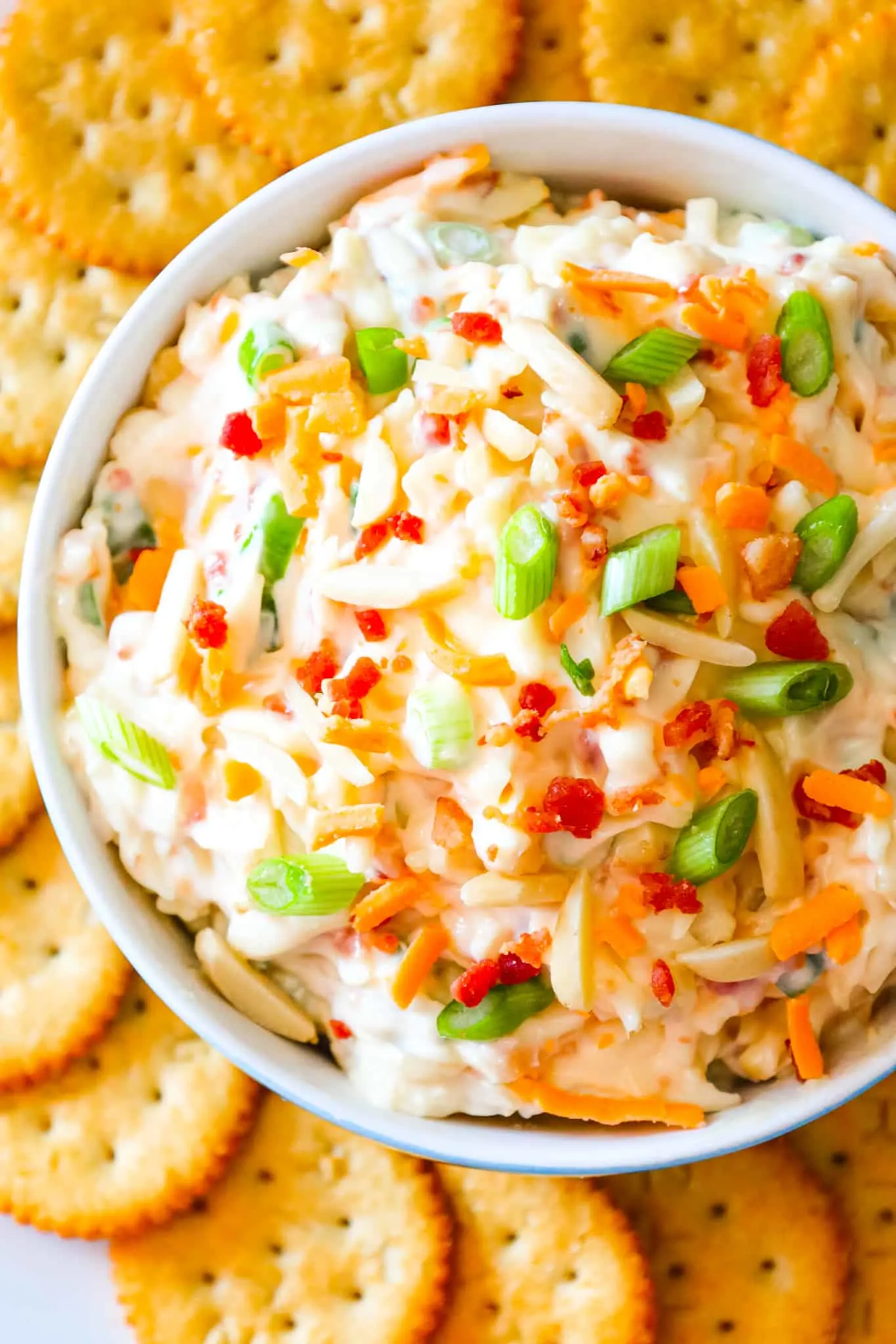 Million Dollar Dip is a delicious cold party dip recipe loaded with crumbled bacon, slivered almonds, chopped green onions, mayo, parmesan, mozzarella and cheddar cheese.