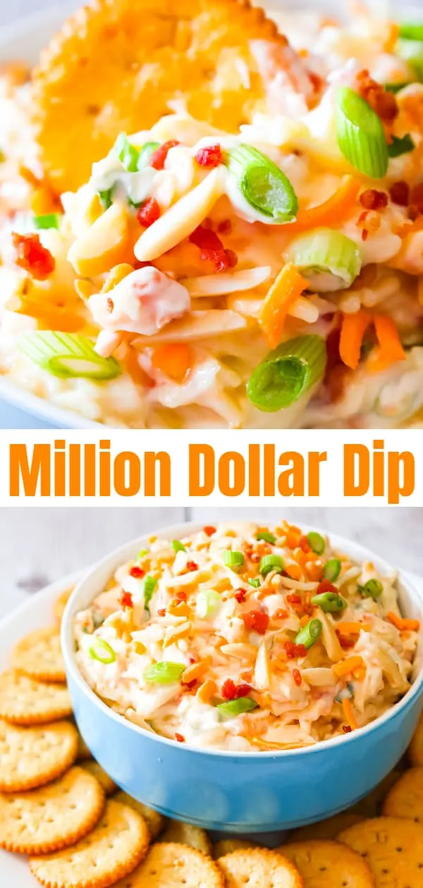 Million Dollar Dip is a delicious cold party dip recipe loaded with crumbled bacon, slivered almonds, chopped green onions, mayo, parmesan, mozzarella and cheddar cheese.