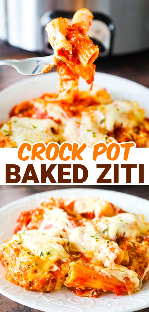 Crock Pot Baked Ziti is a delicious slow cooker pasta recipe loaded with marinara sauce, ricotta, sour cream, basil pesto, parmesan and mozzarella cheese.