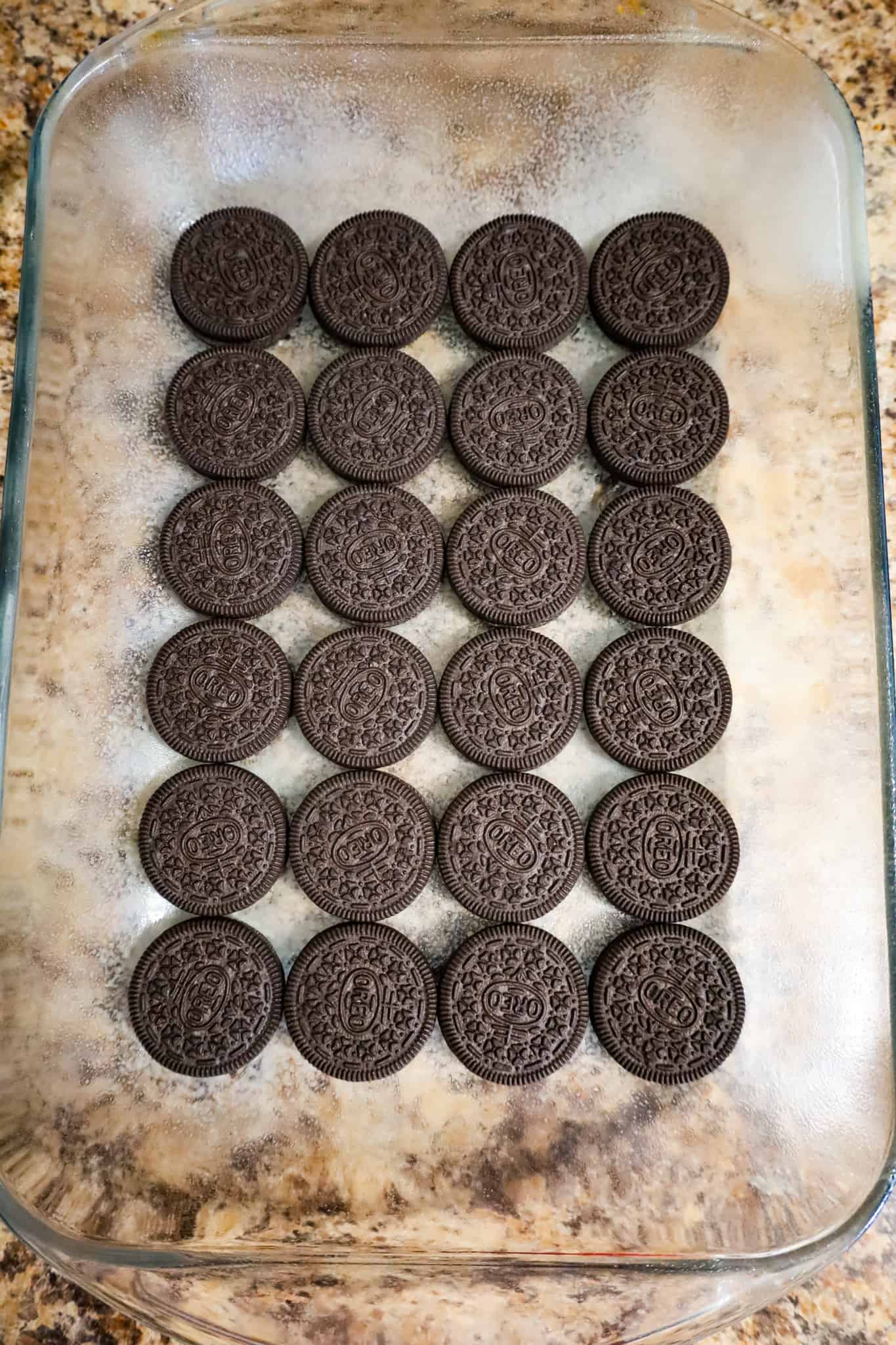 Oreo cookies in the bottom of a baking dish