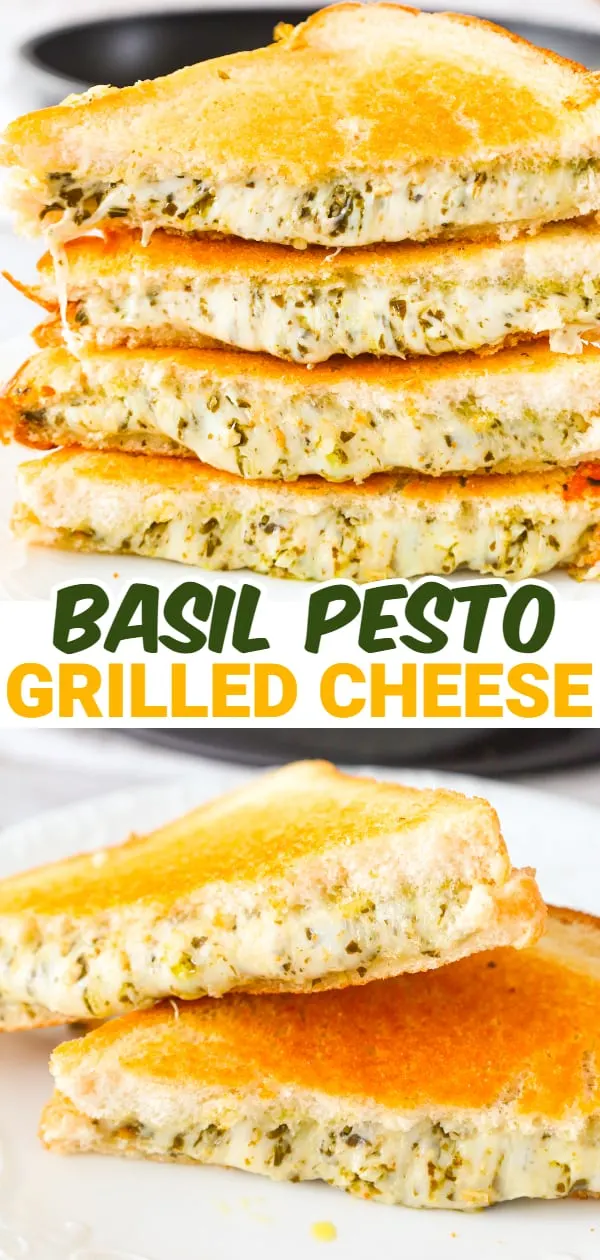 Pesto Grilled Cheese is an easy lunch or dinner recipe with buttered bread filled with gooey mozzarella, parmesan and basil pesto.