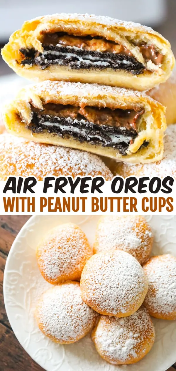 Air Fryer Oreos are a fun twist on deep fried Oreos. These tasty treats are made with Oreo thins and Reese's peanut butter cup thins wrapped in Pillsbury crescent roll dough and air fried until golden brown.