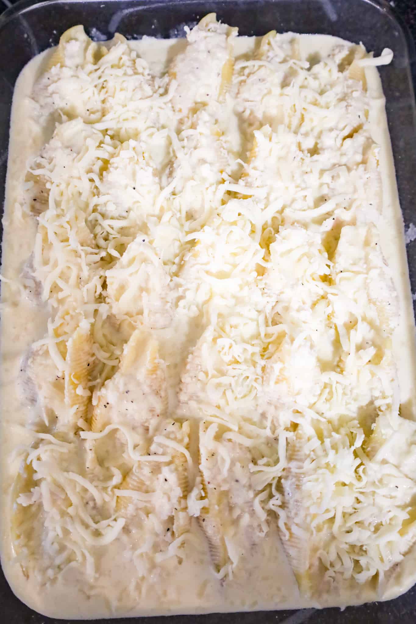 shredded mozzarella cheese on top of stuffed pasta shells in alfredo sauce