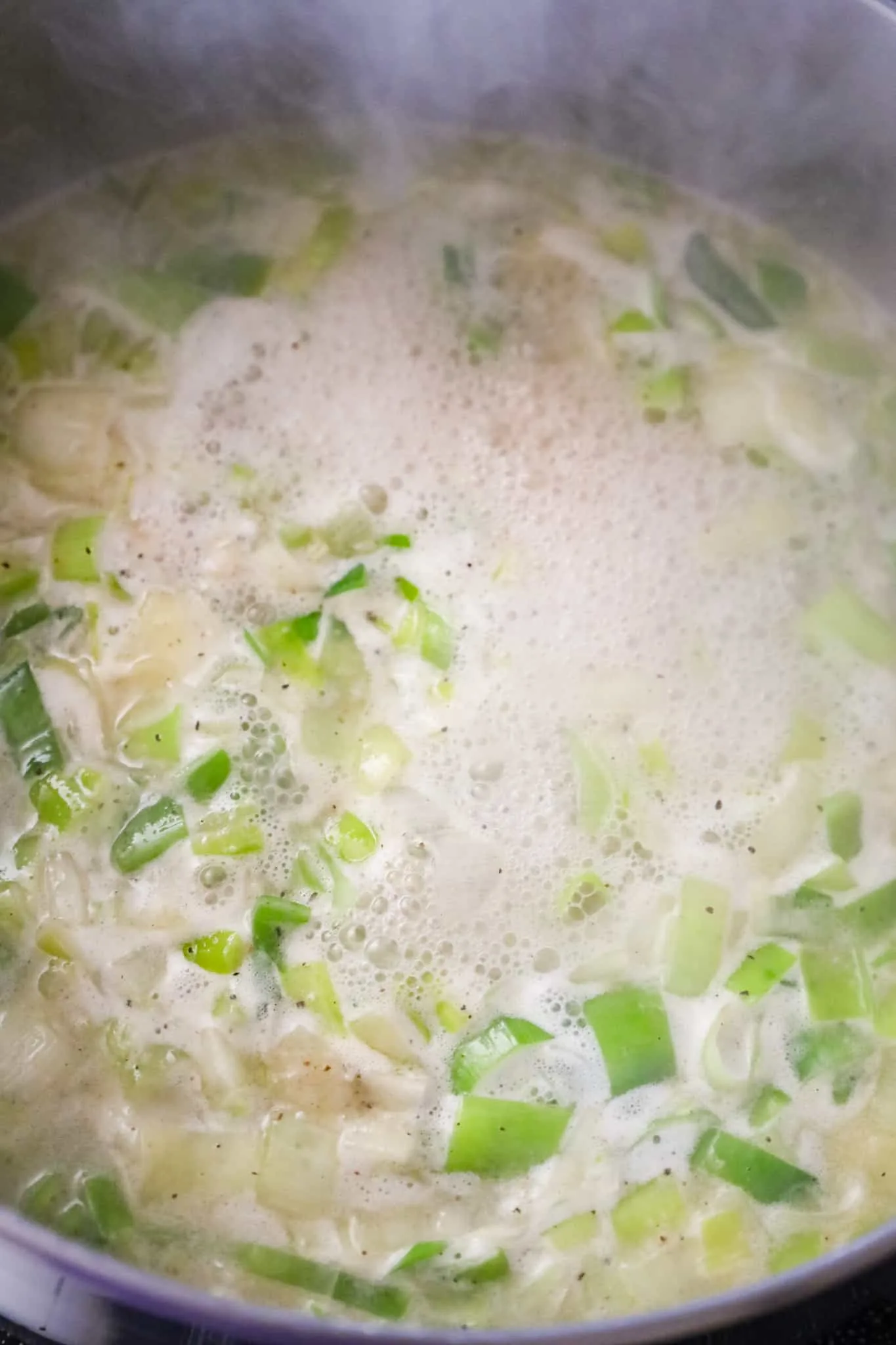 chopped leeks in boiling chicken broth.