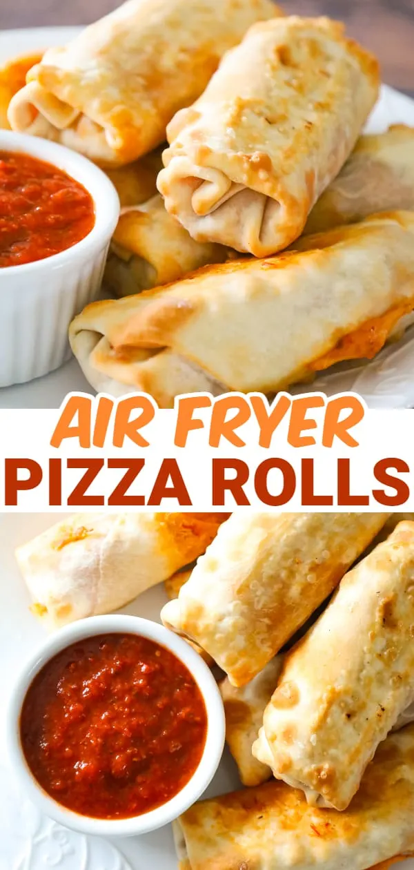 Air Fryer Pizza Rolls are an easy dinner or party food recipe using egg roll wrappers stuffed with diced pepperoni, mozzarella cheese and pizza sauce.