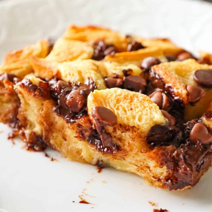 Chocolate Chip Bread Pudding is an easy dessert recipe using brioche bread and loaded with semi sweet and milk chocolate chips.