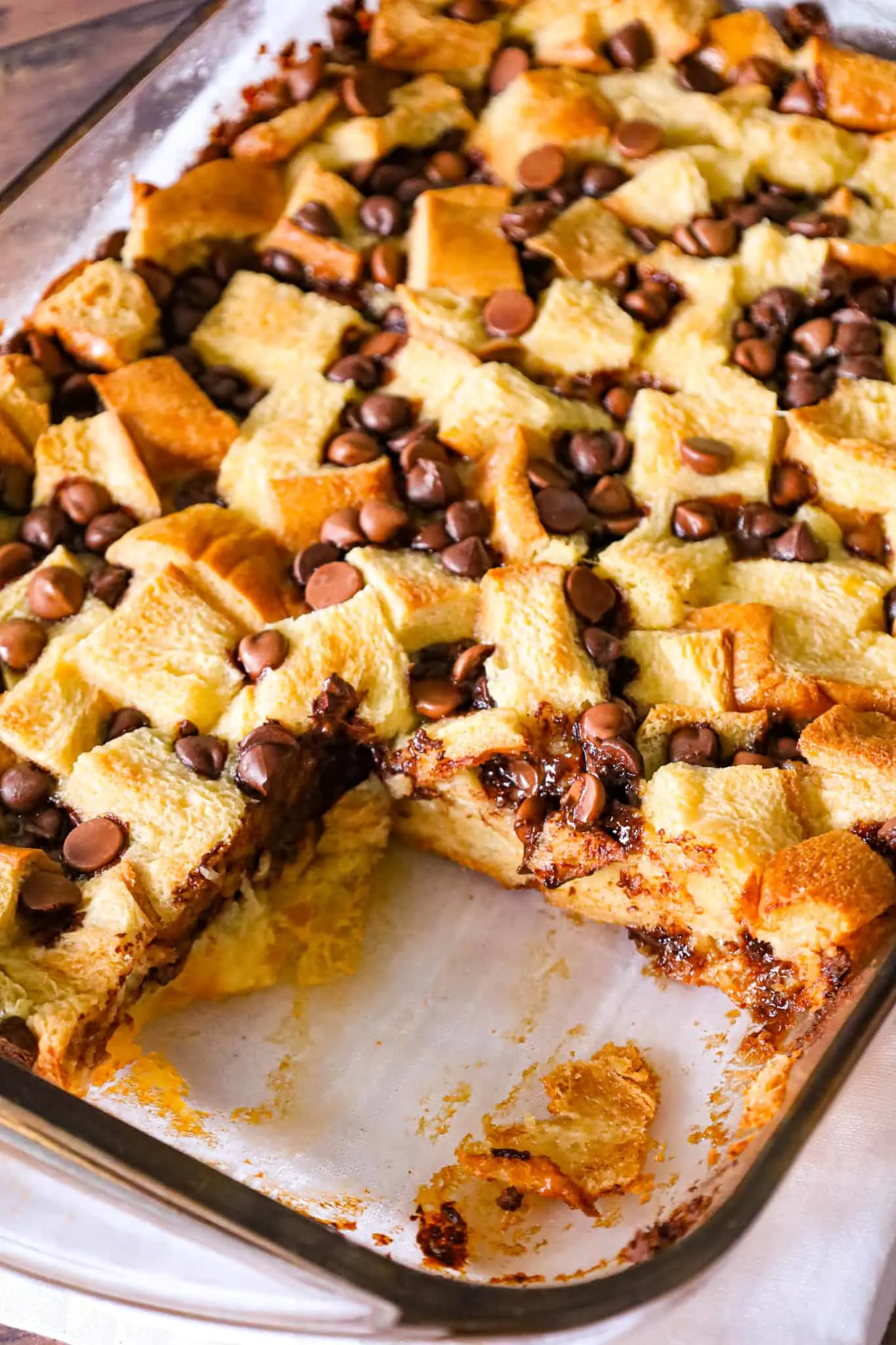 Chocolate Chip Bread Pudding is an easy dessert recipe using brioche bread and loaded with semi sweet and milk chocolate chips.