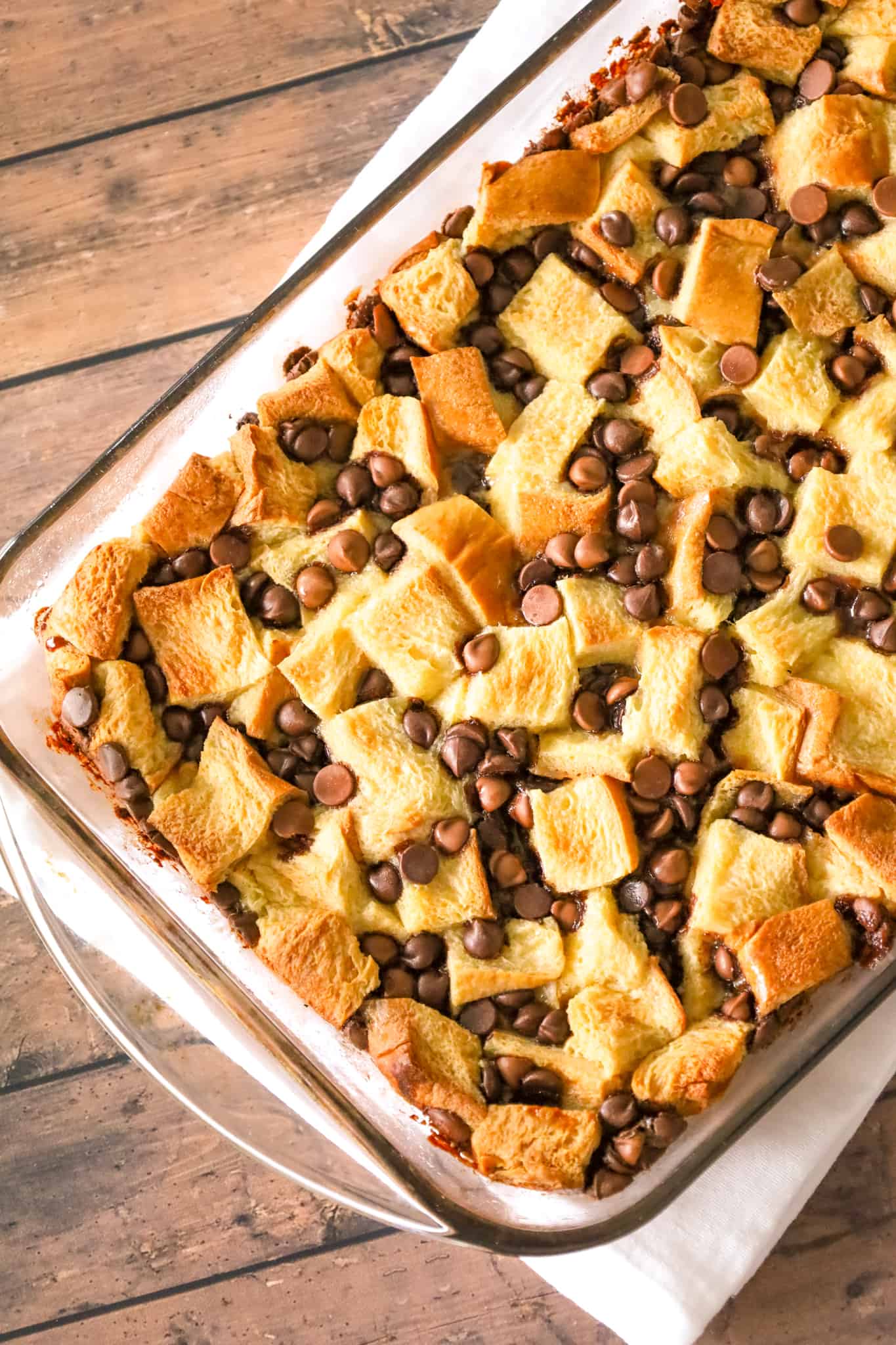 Chocolate Chip Bread Pudding is an easy dessert recipe using brioche bread and loaded with semi sweet and milk chocolate chips.