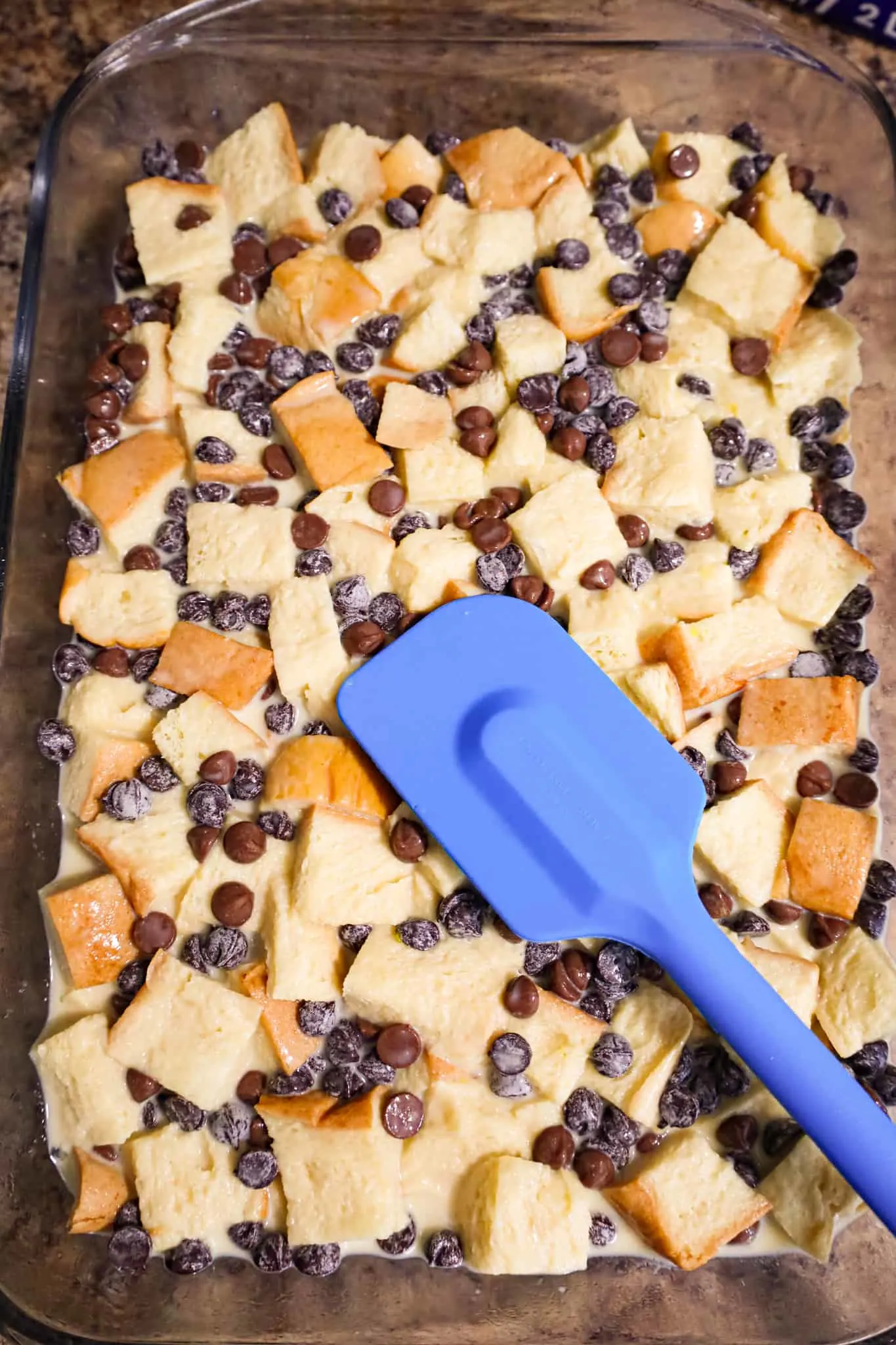 bread pudding in a baking dish before baking