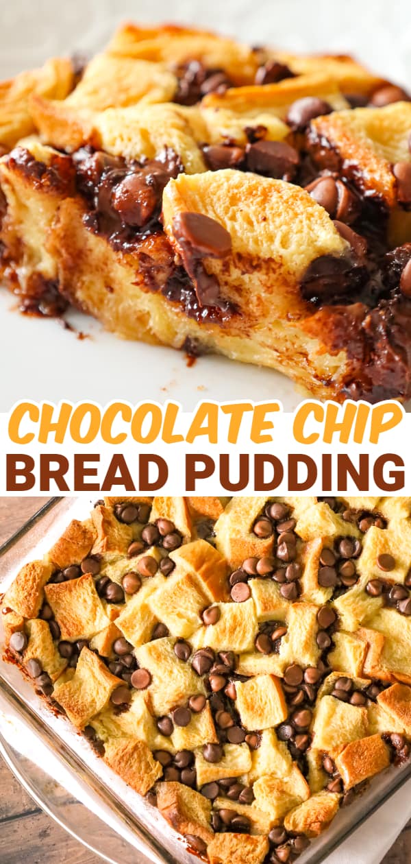 Chocolate Chip Bread Pudding is an easy dessert recipe using brioche bread and loaded with semi sweet and milk chocolate chips.