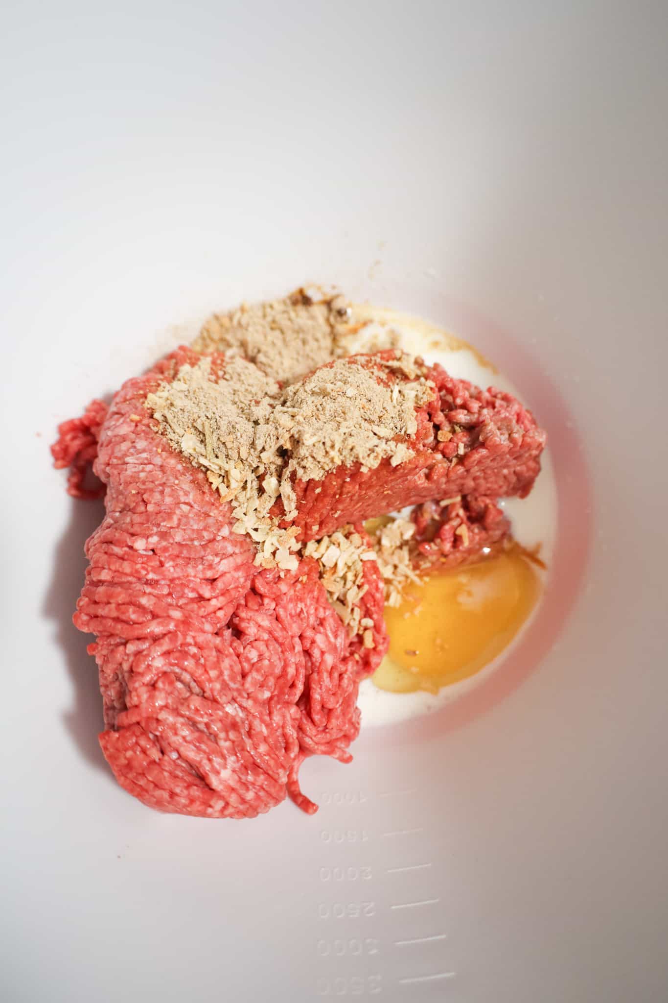 raw ground beef, egg, milk and onion soup mix in a mixing bowl