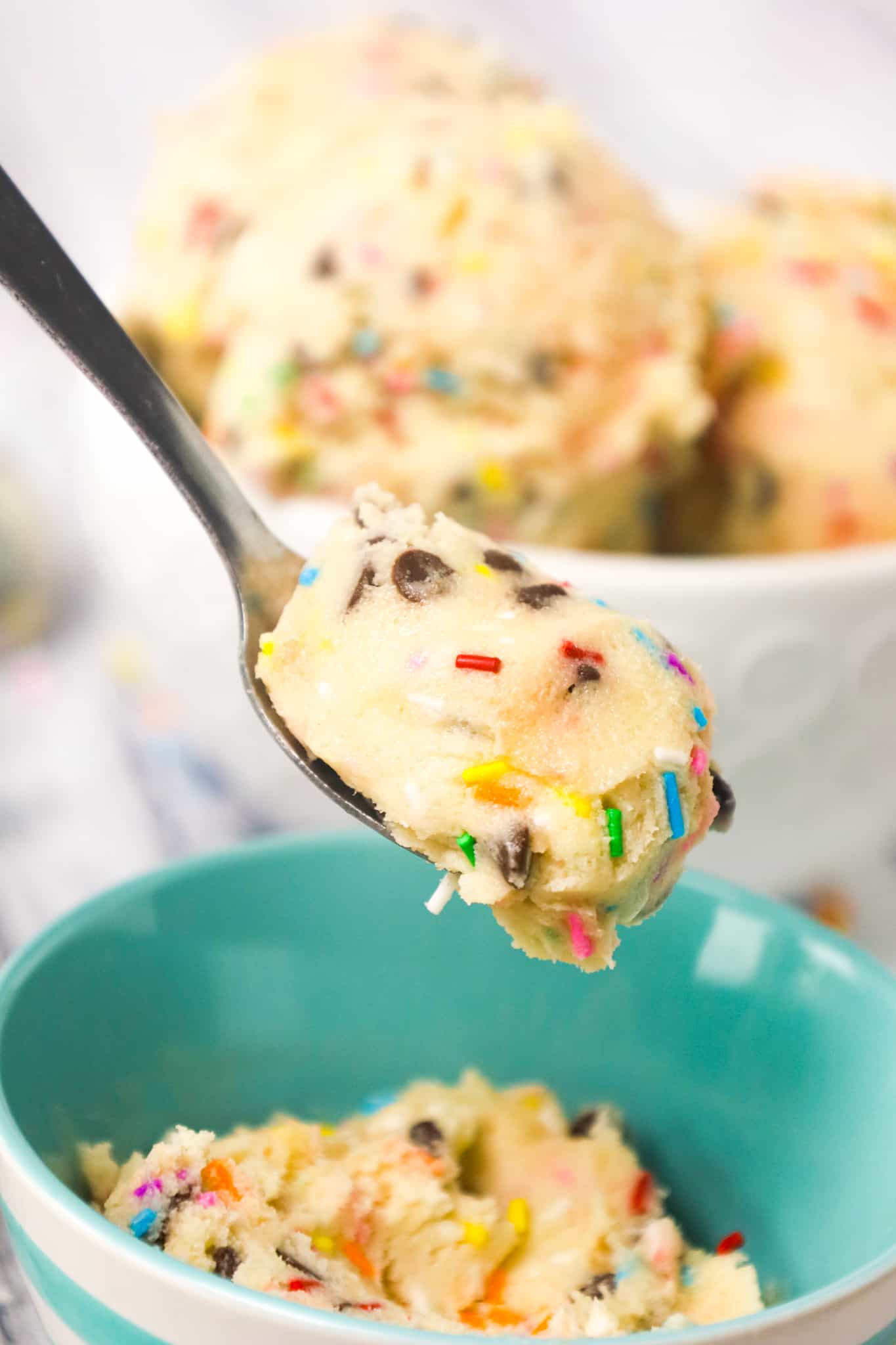 Edible Sugar Cookie Dough is a tasty eggless cookie dough loaded with colourful sprinkles and mini semi sweet chocolate chips.