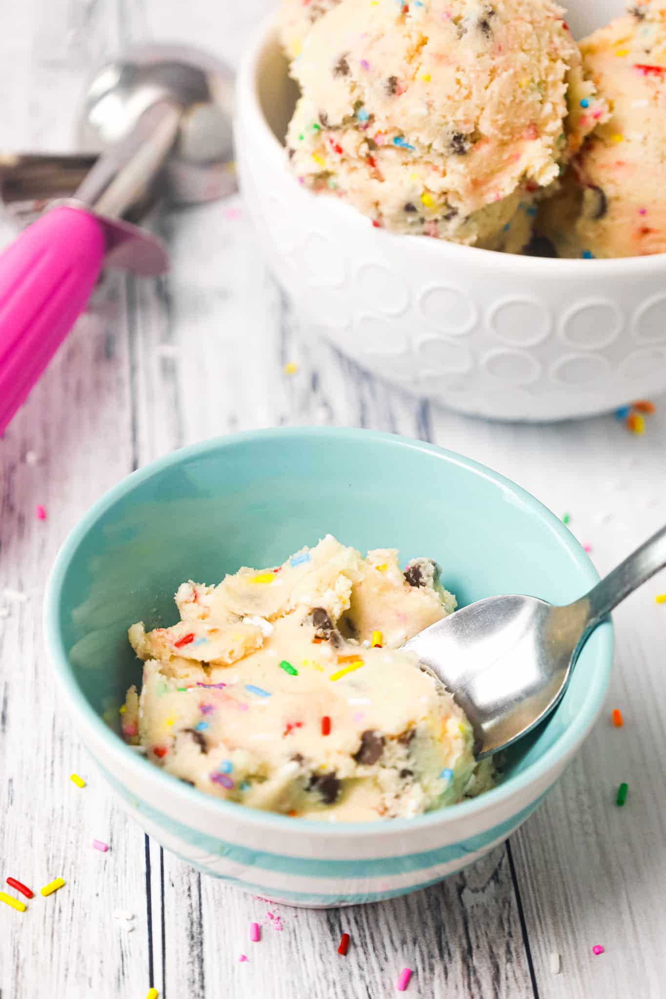 Edible Sugar Cookie Dough is a tasty eggless cookie dough loaded with colourful sprinkles and mini semi sweet chocolate chips.