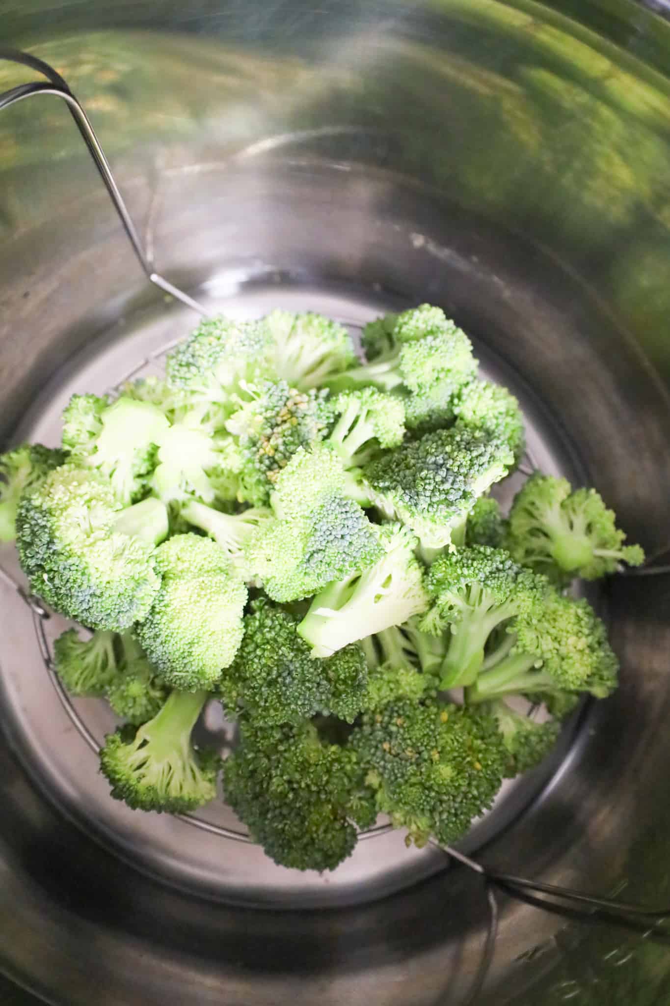 uncooked broccoli florets on top of trivet in an Instant Pot