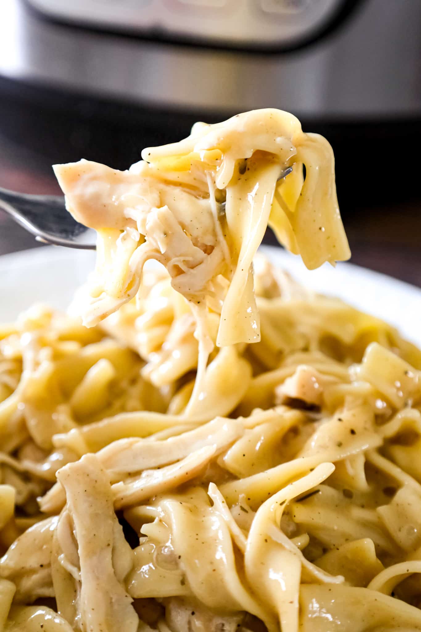 Instant Pot Chicken and Noodles is an easy pressure cooker dinner recipe using boneless, skinless chicken breasts and egg noodles in a sauce made with chicken broth, cream of chicken soup and chicken gravy mix.