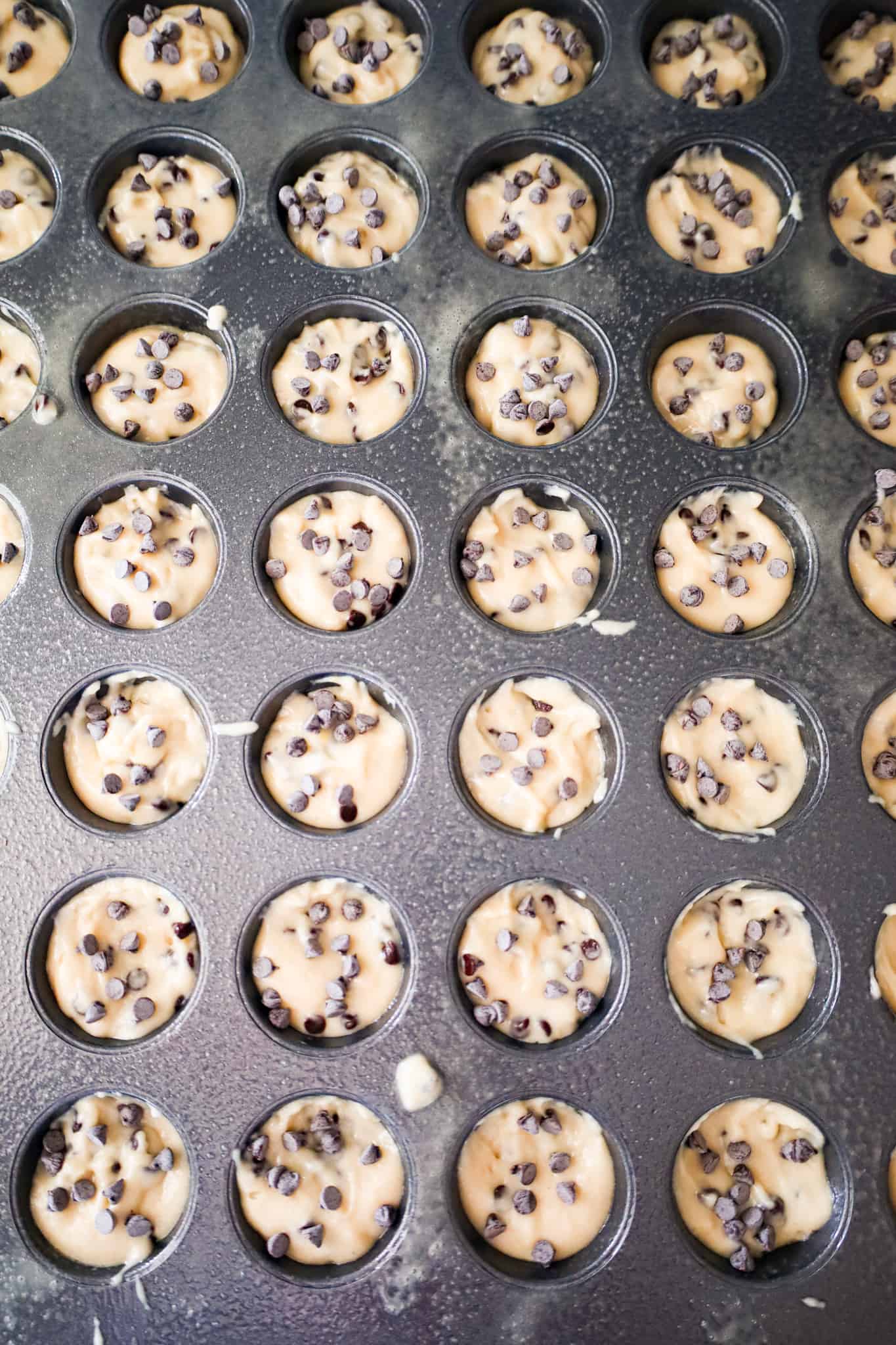 mini chocolate chips on top of muffin batter in mini muffin tins