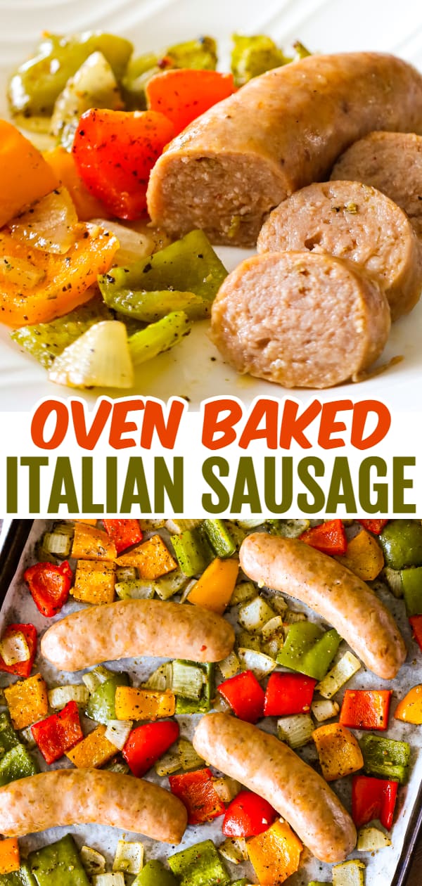 Oven Baked Italian Sausage is an easy sheet pan dinner with diced bell peppers and onions tossed in olive oil and Italian seasoning.