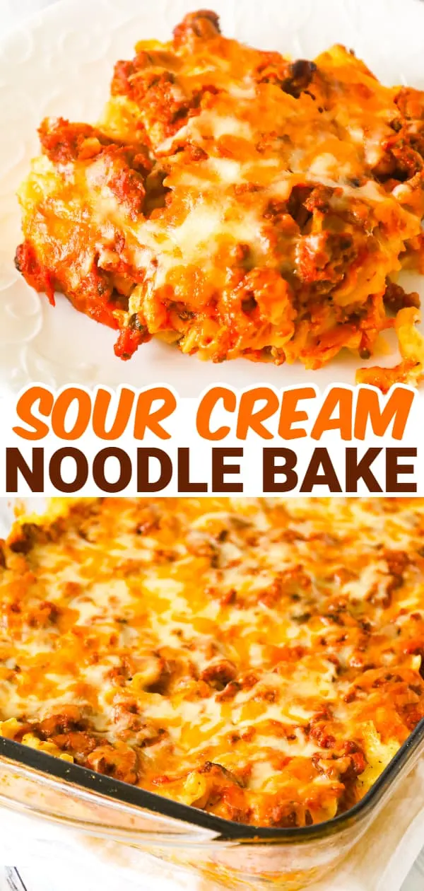 Sour Cream Noodle Bake is a hearty casserole loaded with ground beef, egg noodles, ricotta cheese, sour cream, marinara and shredded cheddar and mozzarella.