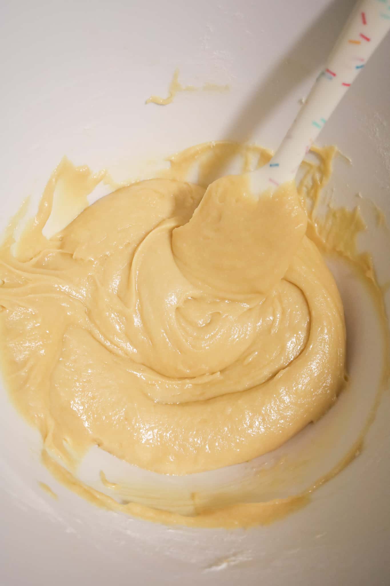 vanilla brownie batter in a mixing bowl