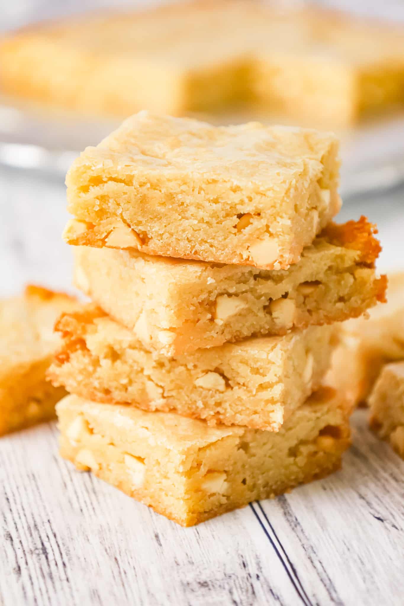 Vanilla Brownies are delicious chewy blonde brownies loaded with white chocolate chips.