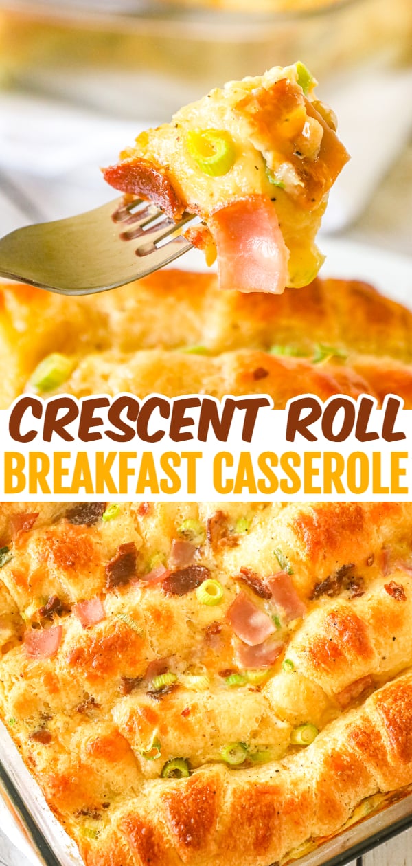 Crescent Roll Breakfast Casserole is a tasty egg casserole made with Pillsbury crescent roll dough and loaded with crumbled bacon, chopped ham, green onions and shredded cheese.