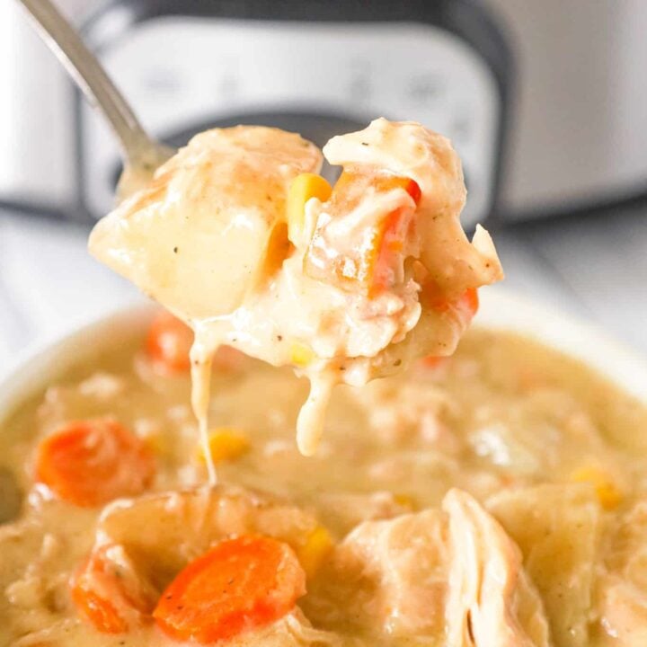 Crock Pot Chicken Stew is a hearty slow cooker dinner recipe loaded with chicken thigh chunks, russet potatoes, carrots, onions and corn all cooked in a creamy chicken soup mixture.