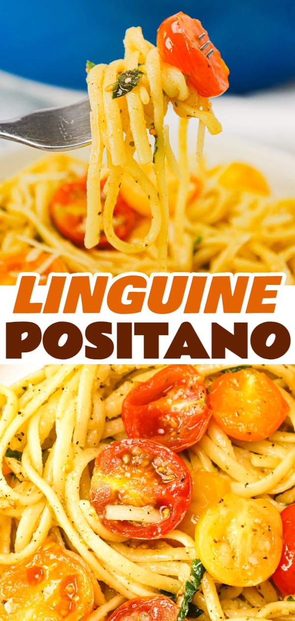 Linguine Positano is a delicious pasta dish loaded with fresh cherry tomatoes, onions, basil, parsley and garlic puree all tossed in olive oil.