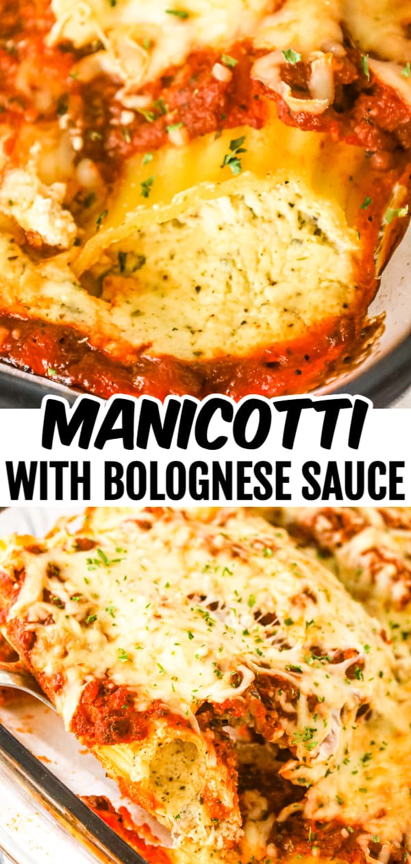 Manicotti is a tasty stuffed pasta recipe loaded with ricotta, sour cream, mozzarella and parmesan cheese smothered in Bolognese sauce and baked with cheese on top.