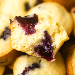 Mini Blueberry Muffins are tasty bite sized snacks loaded with fresh blueberries.