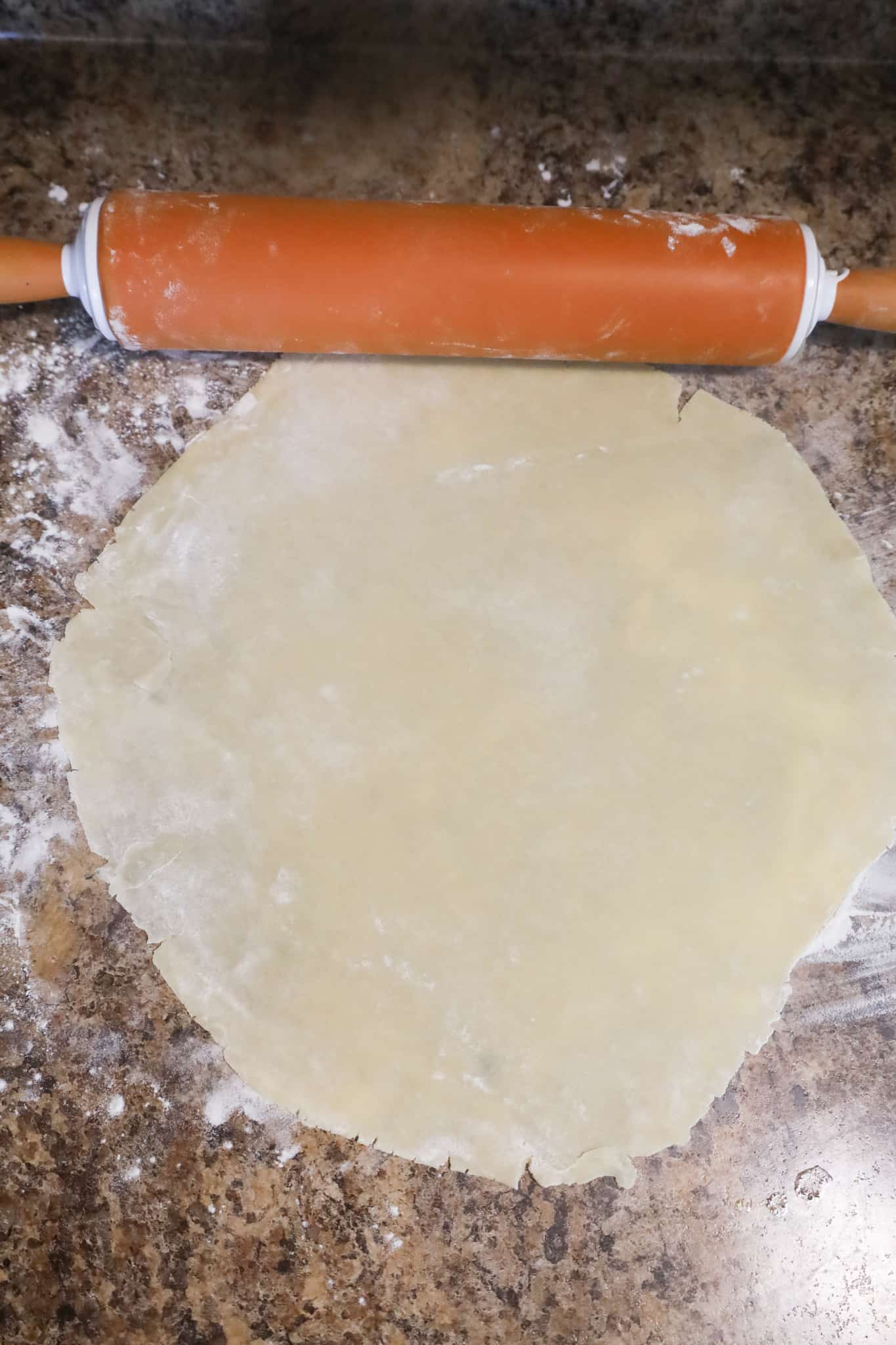 rolled out pie pastry on floured counter