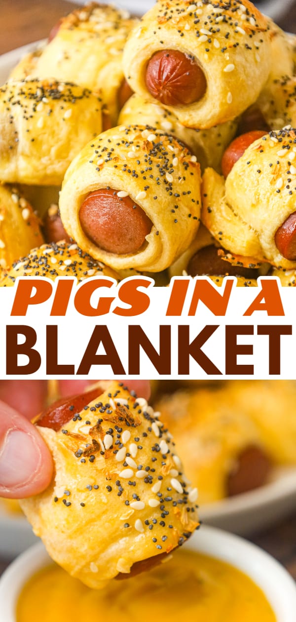 Pigs in a Blanket are a delicious bite sized party food or kid friendly dinner recipe using wieners and Pillsbury crescent roll dough topped with poppy seeds, sesame seeds and dehydrated minced onions.