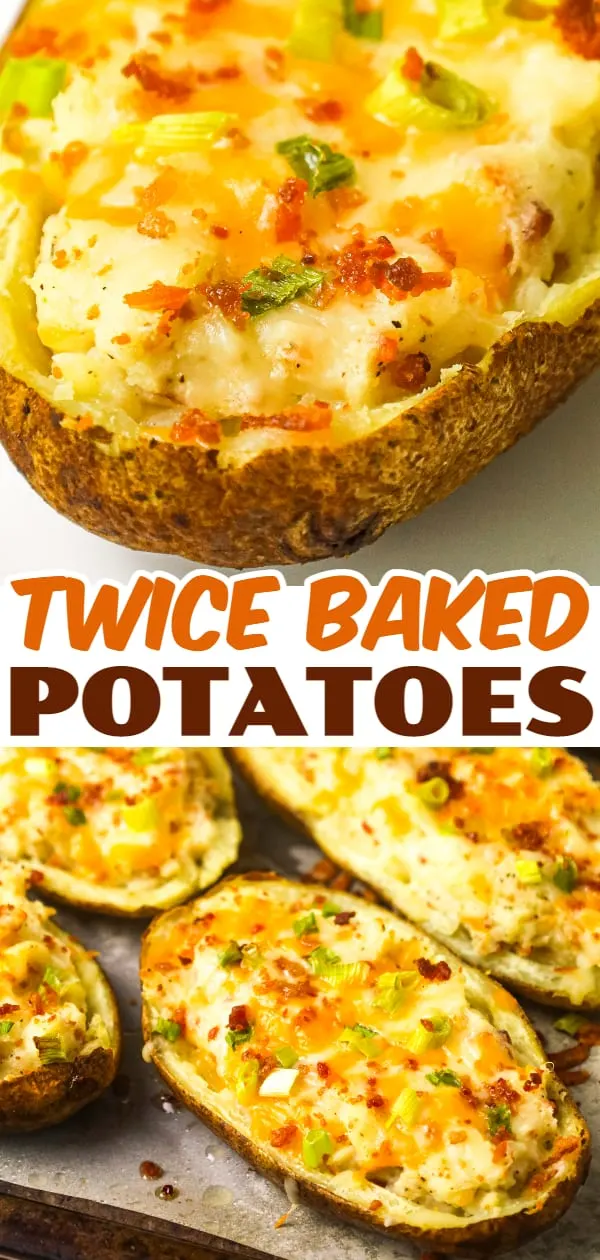 Twice Baked Potatoes are a delicious side dish recipe of potato skins filled with mashed potatoes loaded with cheese, crumbled bacon, sour cream and green onions.