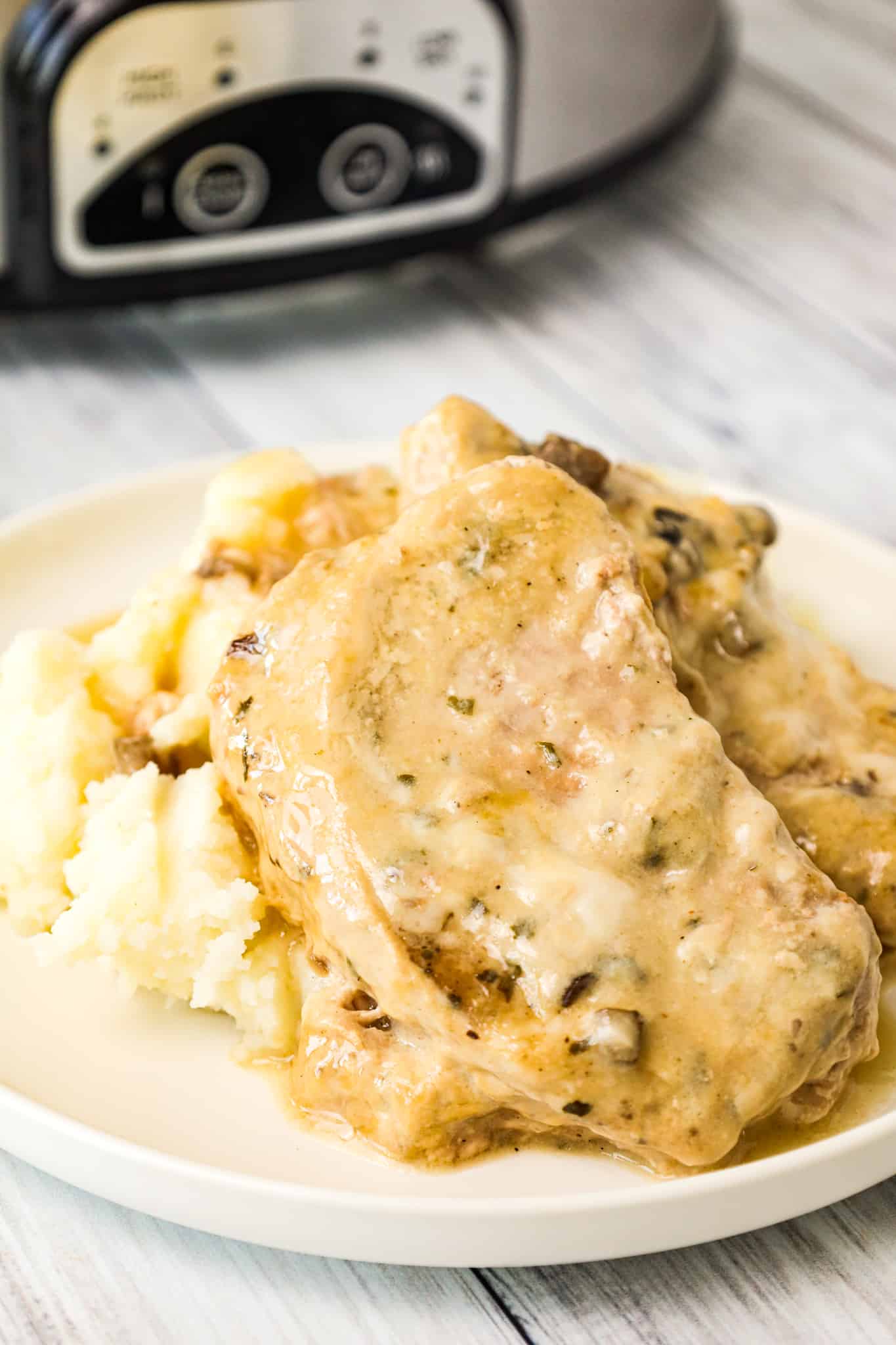  3 Ingredient Crock Pot Pork Chops are an easy slow cooker dinner recipe made with condensed cream of mushroom soup and ranch dressing mix.