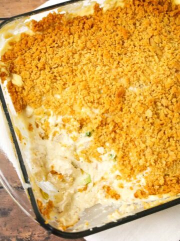 Million Dollar Chicken Casserole is an easy chicken casserole recipe using precooked shredded chicken in a creamy sauce and topped with Ritz cracker crumbs.