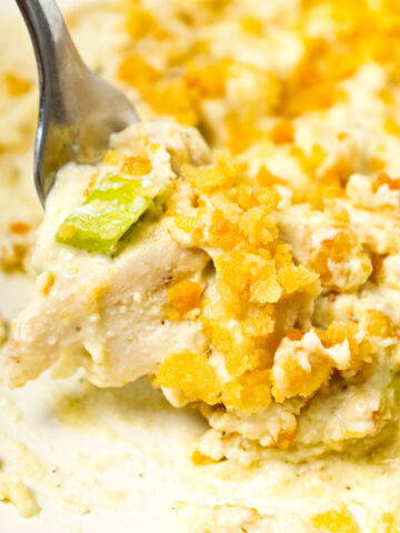Million Dollar Chicken Casserole is an easy chicken casserole recipe using precooked shredded chicken in a creamy sauce and topped with Ritz cracker crumbs.