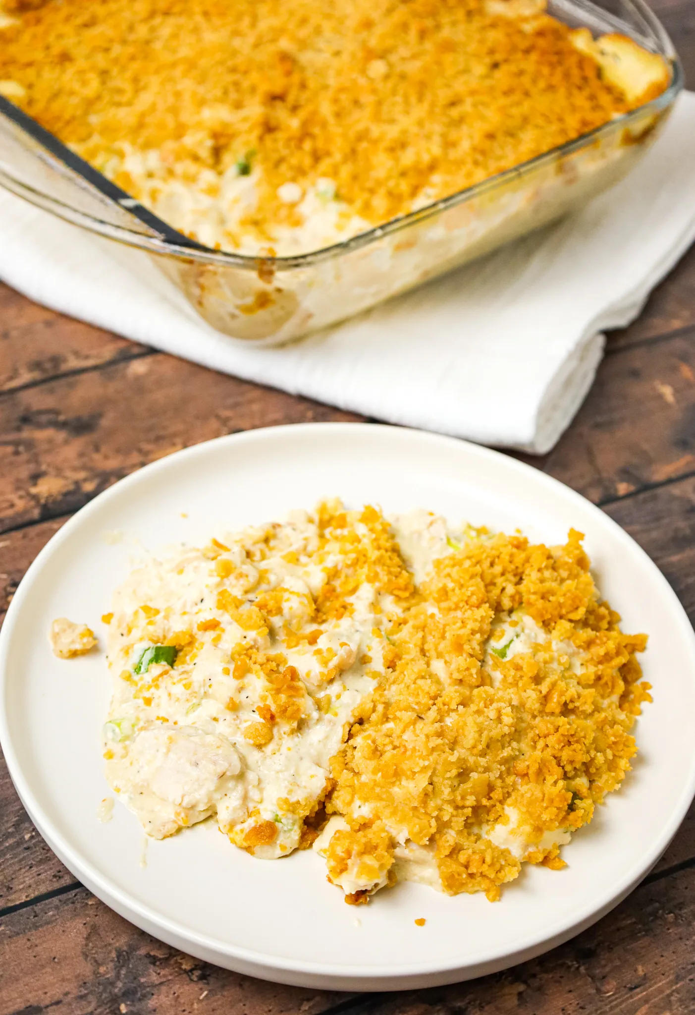 Million Dollar Chicken Casserole is an easy chicken casserole recipe using precooked shredded chicken in a creamy sauce and topped with Ritz cracker crumbs.