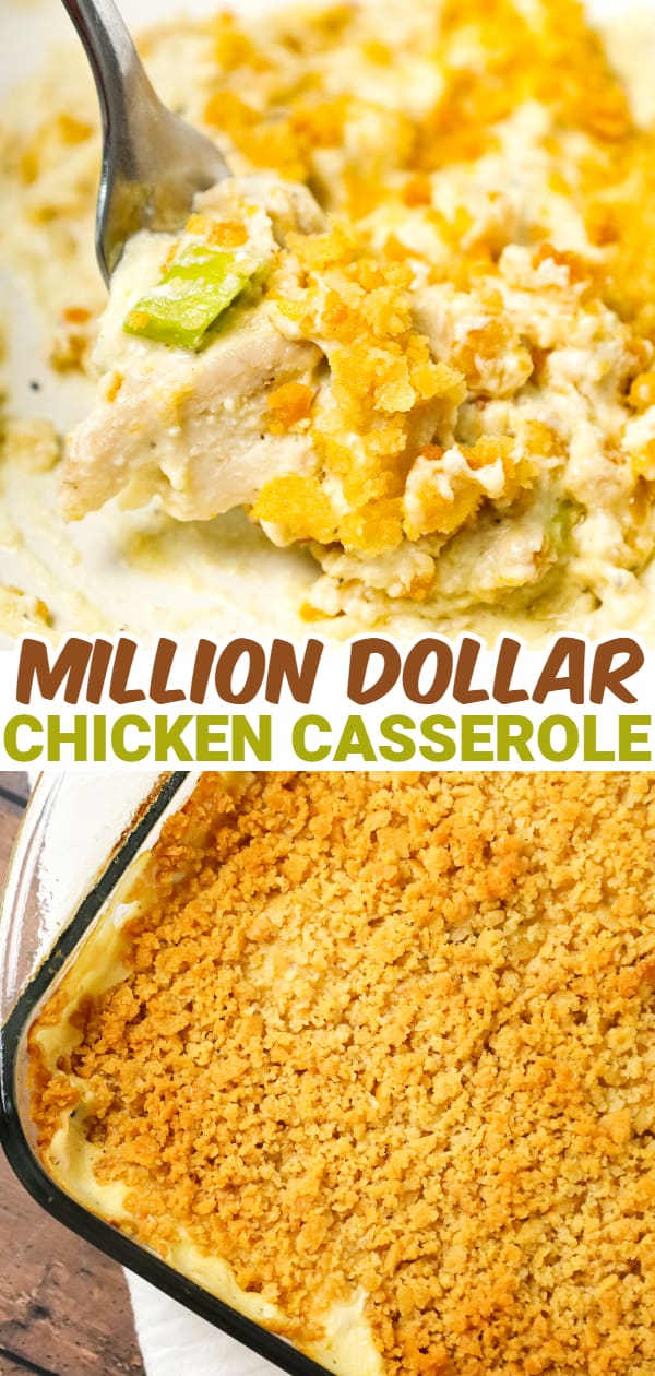 Million Dollar Chicken Casserole is an easy chicken casserole recipe using precooked shredded chicken in a creamy sauce and topped with Ritz cracker crumbs.