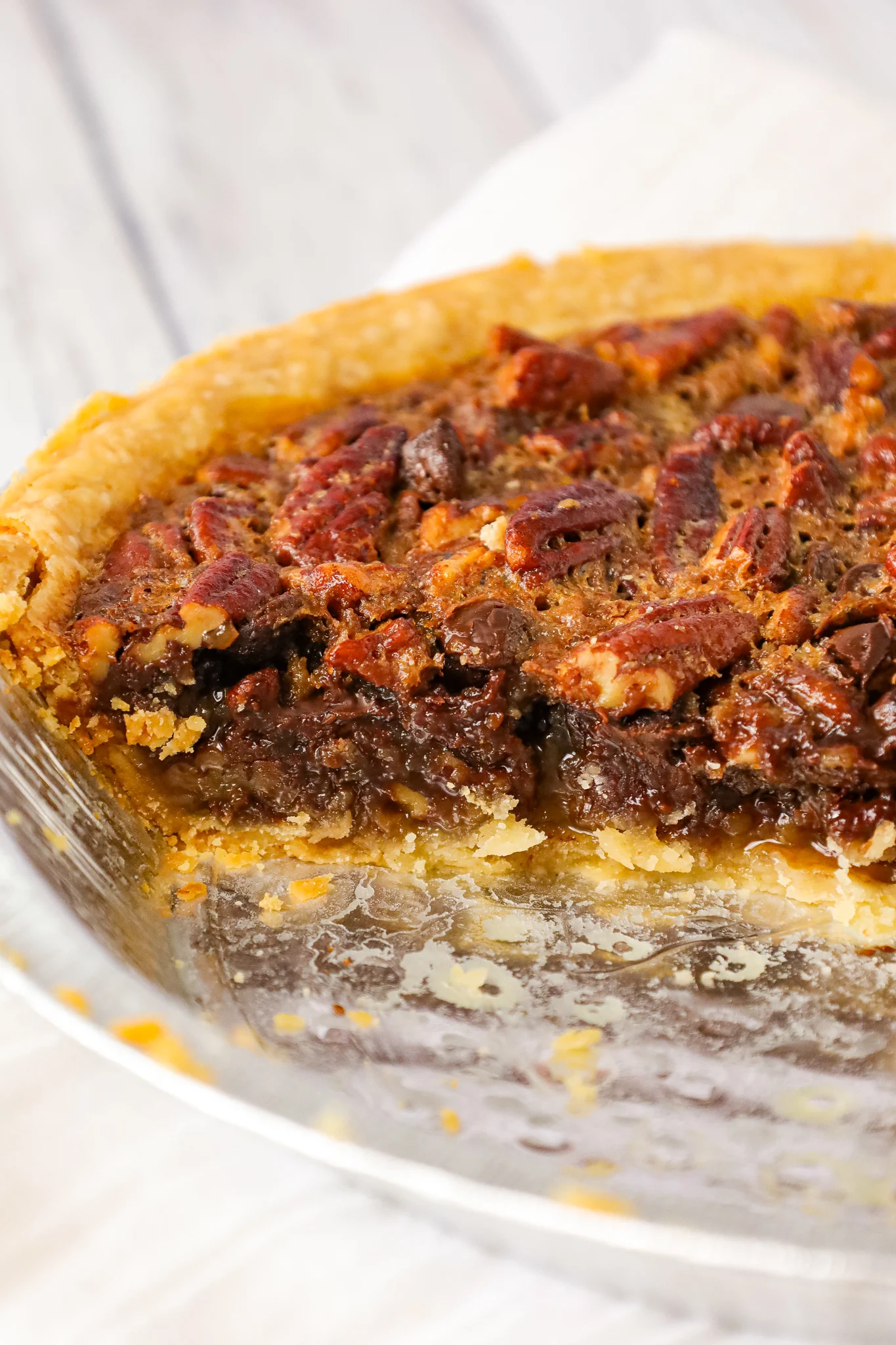 Chocolate Chip Pecan Pie is a decadent chocolate and caramel pie loaded with pecans.