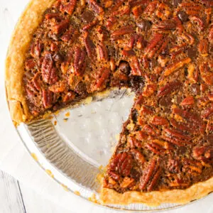 Chocolate Chip Pecan Pie is a decadent chocolate and caramel pie loaded with pecans.