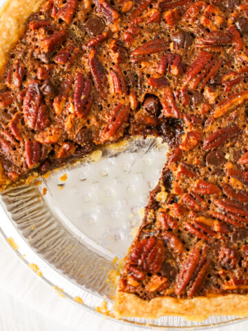 Chocolate Chip Pecan Pie is a decadent chocolate and caramel pie loaded with pecans.