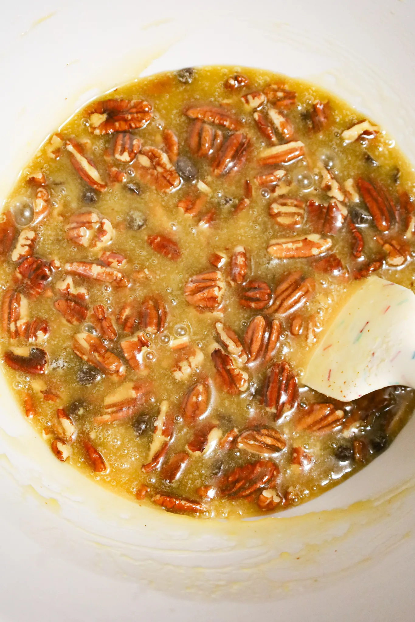 pecan pie filling in a mixing bowl