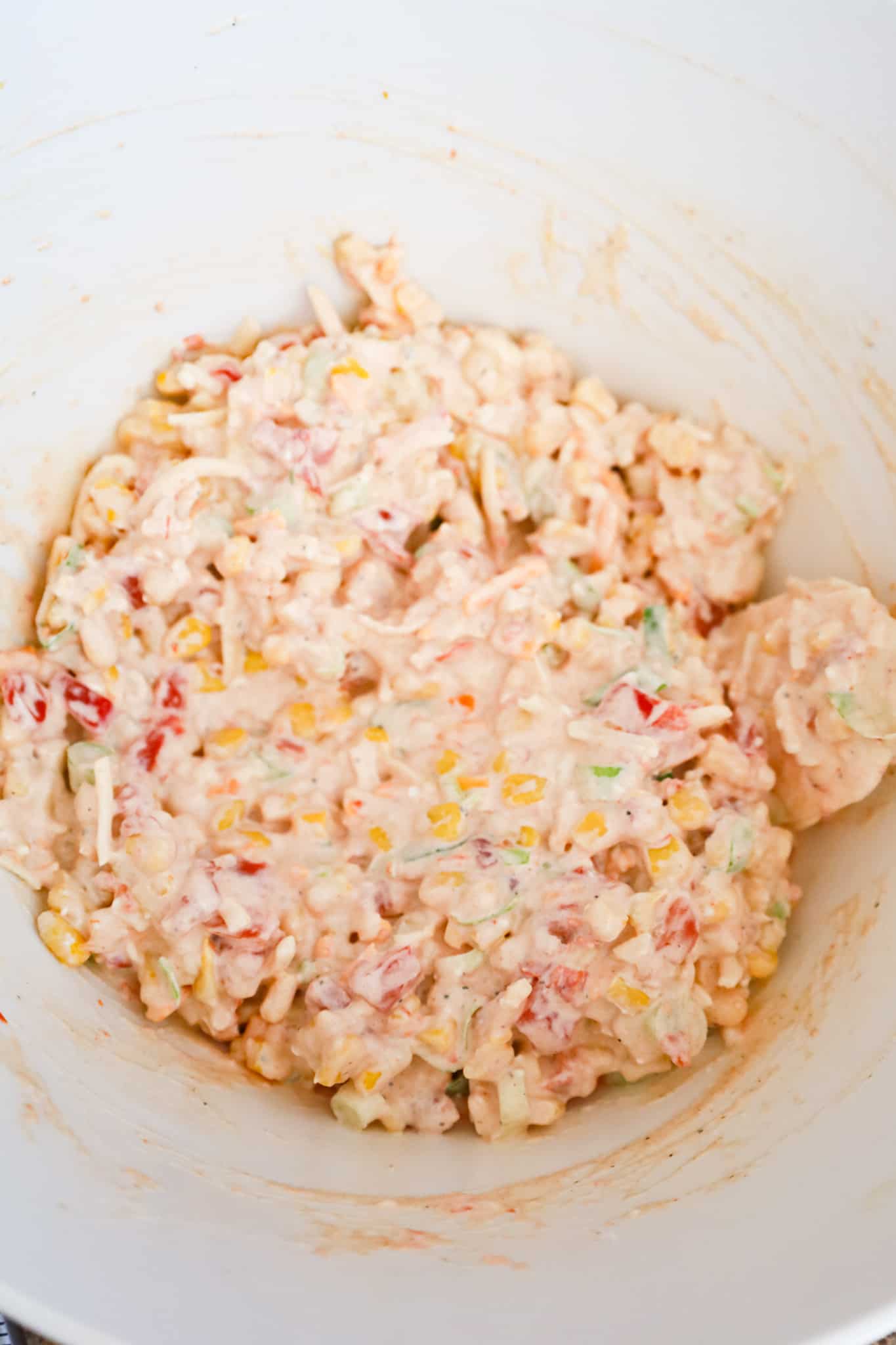 corn dip mixture in a mixing bowl