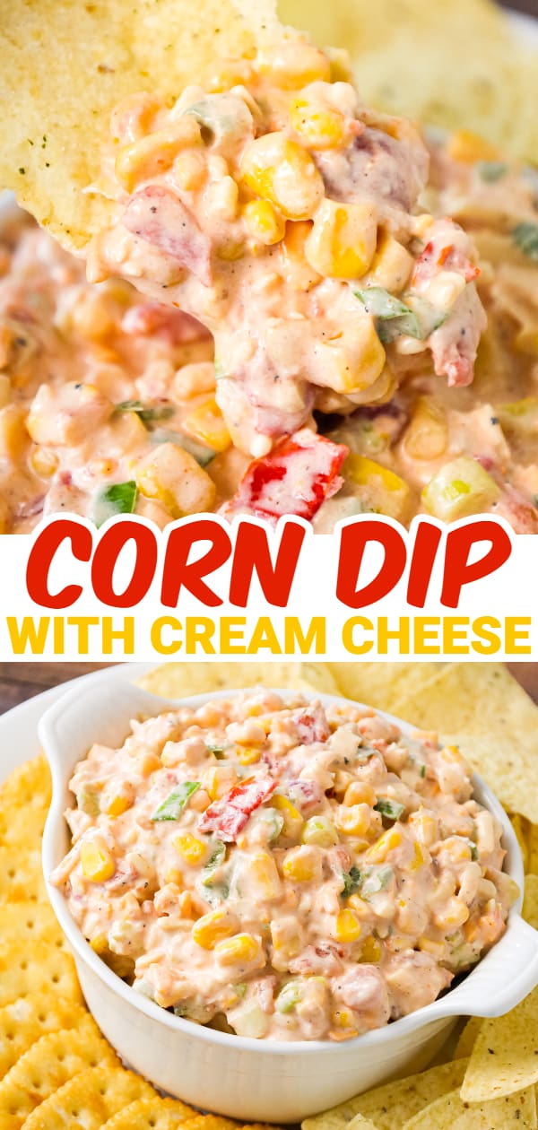 Corn Dip with Cream Cheese is a tasty cold dip recipe made with canned corn, cream cheese, sour cream, Rotel, shredded cheese and chopped green onions.