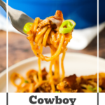 Cowboy Spaghetti is a robust pasta dish abundant with bacon, ground beef, Rotel diced tomatoes, green chilies, tomato sauce, BBQ sauce, shredded cheese, and finely chopped green onions.