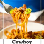Cowboy Spaghetti is a robust pasta dish abundant with bacon, ground beef, Rotel diced tomatoes, green chilies, tomato sauce, BBQ sauce, shredded cheese, and finely chopped green onions.