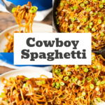 Cowboy Spaghetti is a robust pasta dish abundant with bacon, ground beef, Rotel diced tomatoes, green chilies, tomato sauce, BBQ sauce, shredded cheese, and finely chopped green onions.