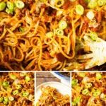 Cowboy Spaghetti is a robust pasta dish abundant with bacon, ground beef, Rotel diced tomatoes, green chilies, tomato sauce, BBQ sauce, shredded cheese, and finely chopped green onions.