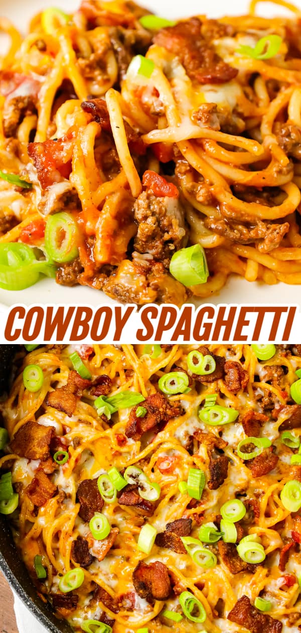 Cowboy Spaghetti is a hearty pasta recipe loaded with bacon, ground beef, Rotel diced tomatoes and green chilies, tomato sauce, bbq sauce, shredded cheese and chopped green onions.