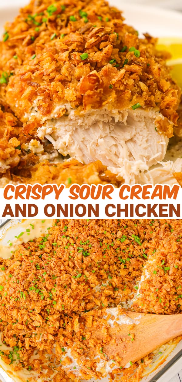 Crispy Sour Cream and Onion Chicken is an easy dinner recipe with boneless skinless chicken breasts baked in a sour cream mixture and topped with crushed French's fried onions.