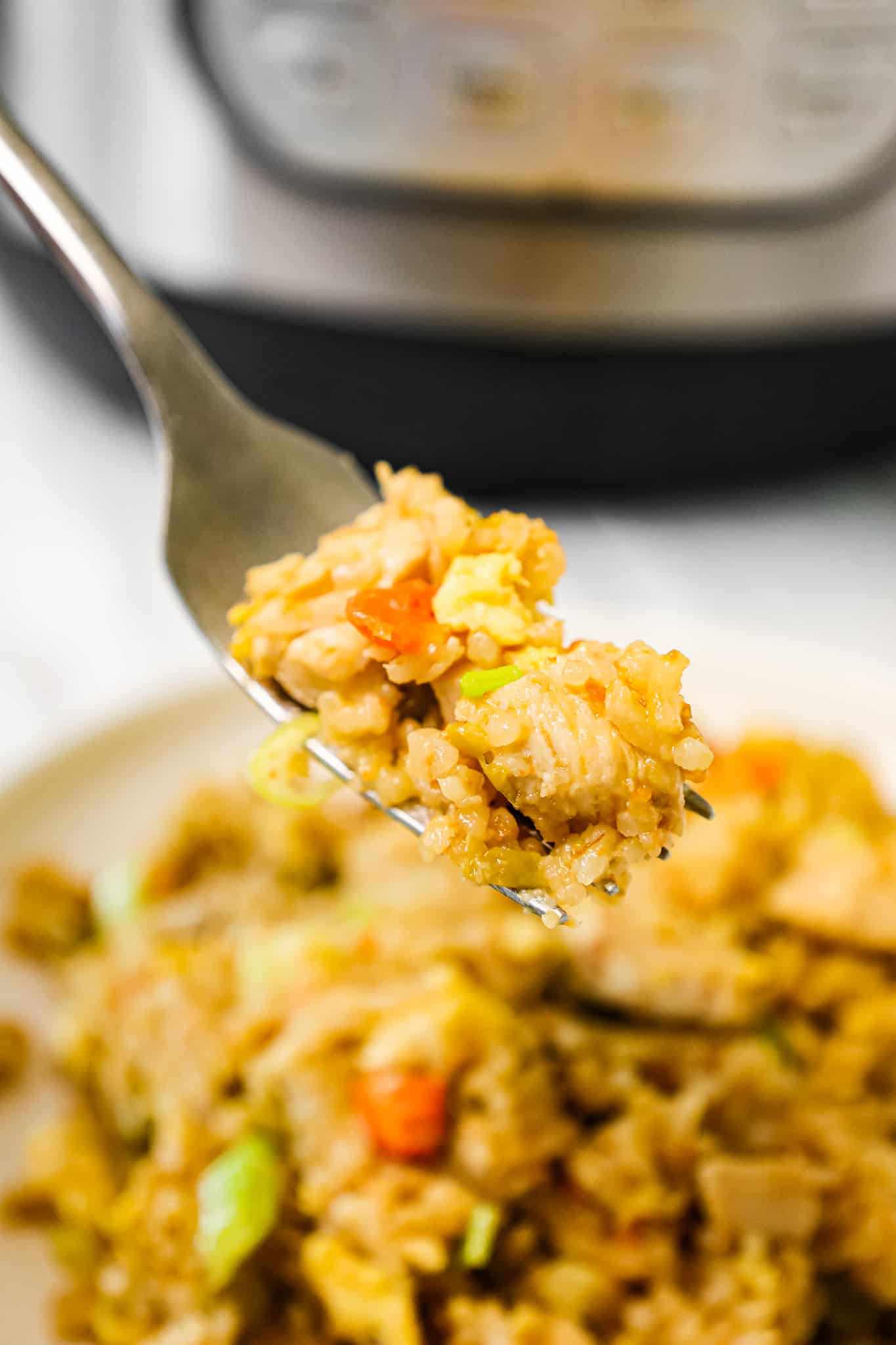 Instant Pot Chicken Fried Rice is an easy pressure cooker dinner recipe made with long grain white rice, boneless skinless chicken breasts, scrambled eggs and peas and carrots all seasoned with chicken broth, soy sauce and toasted sesame oil.